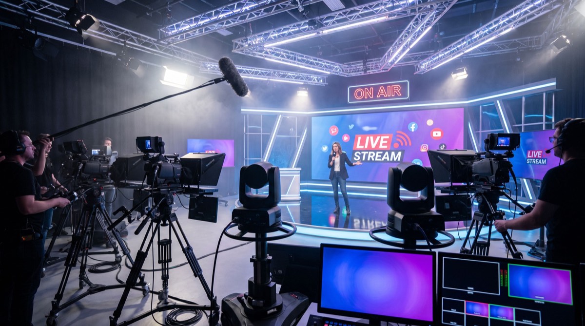 Presenter on a lit stage being filmed for a live streamed online event